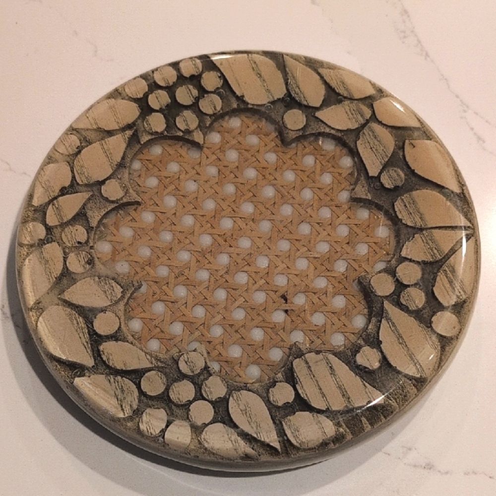 Vintage Lucite Round Scalloped Caned Hot Plate Trivet